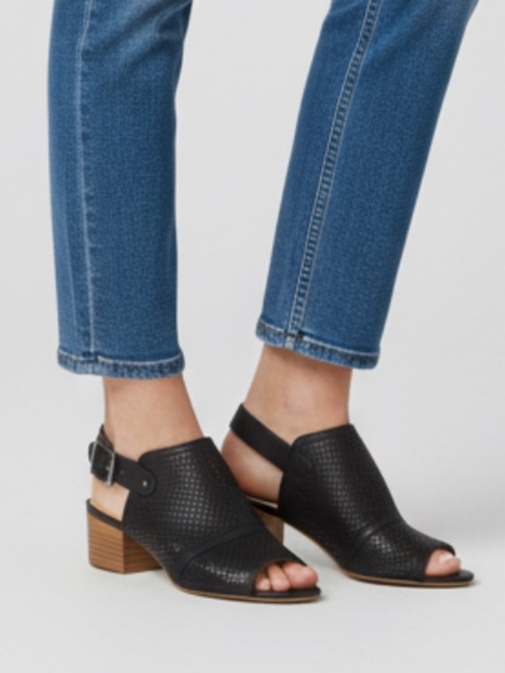Restricted Black Perforated Open-Toe Buckle Heels